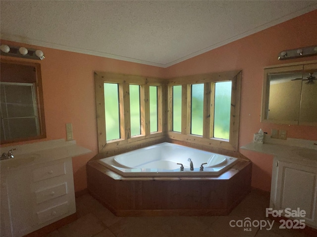 3103 Blue Ridge Dr, Shelby, NC 28150 - full bathroom with a textured ceiling, vanity, a bath, crown molding, and tile patterned floors
