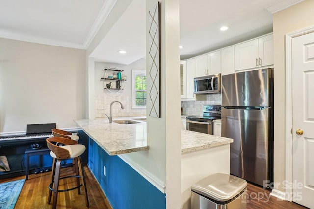 kitchen with appliances with stainless steel finishes, a sink, ornamental molding, light stone countertops, and a kitchen breakfast bar
