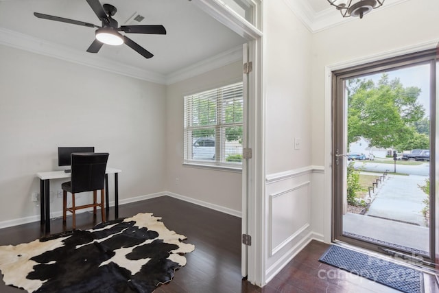 entrance foyer featuring dark wood-style flooring, ornamental molding, and a ceiling fan