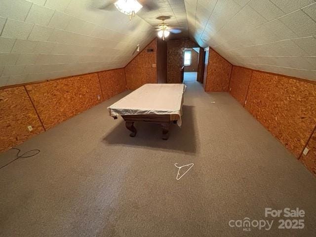 103 Duke St, Great Falls, SC 29055 - additional living space with light colored carpet, lofted ceiling, a ceiling fan, and pool table