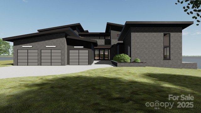 modern home with a front lawn, brick siding, board and batten siding, and an attached garage