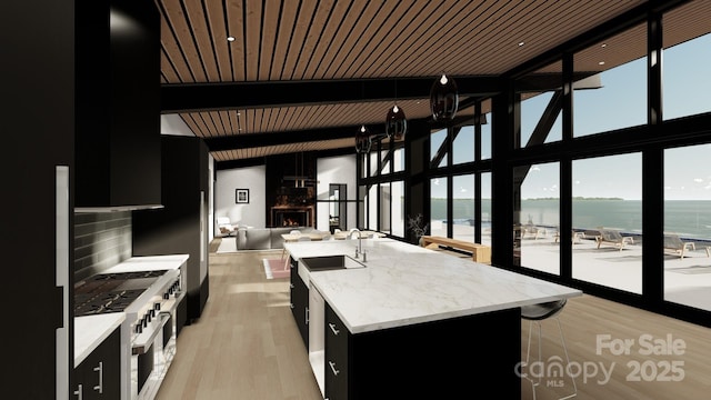 kitchen featuring dark cabinetry, a water view, light wood-style floors, a fireplace, and beam ceiling