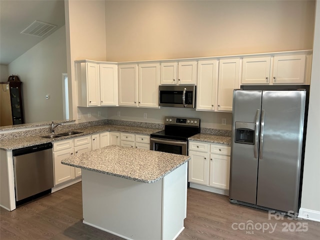 kitchen featuring appliances with stainless steel finishes, a sink, dark wood finished floors, white cabinets, and high vaulted ceiling