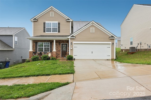 3985 Village Blvd NW, Conover, NC 28613 - view of front of property with brick siding, covered porch, cooling unit, and a front lawn