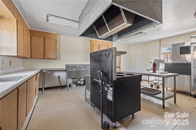 324 Horn Bottom Rd, Forest City, NC 28043 - kitchen featuring under cabinet range hood, a sink, light countertops, and brown cabinetry
