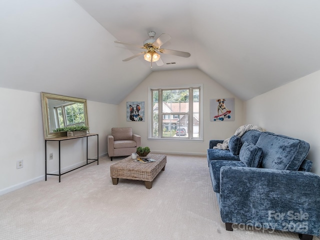 3066 Orion Dr, Fort Mill, SC 29707 - living room featuring carpet flooring, a ceiling fan, baseboards, and lofted ceiling