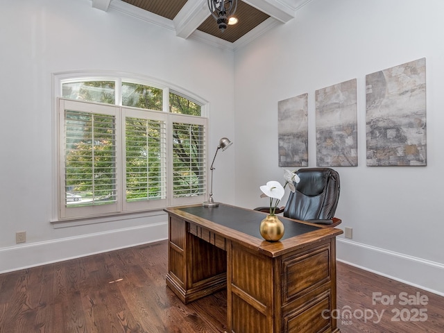 1404 Lookout Cir, Waxhaw, NC 28173 - office area with beam ceiling, ornamental molding, baseboards, and dark wood-type flooring