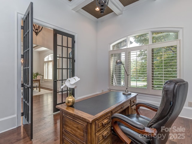1404 Lookout Cir, Waxhaw, NC 28173 - home office with crown molding, french doors, beam ceiling, dark wood finished floors, and coffered ceiling