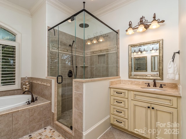 1404 Lookout Cir, Waxhaw, NC 28173 - bathroom with a bath, vanity, tile patterned floors, a shower stall, and ornamental molding