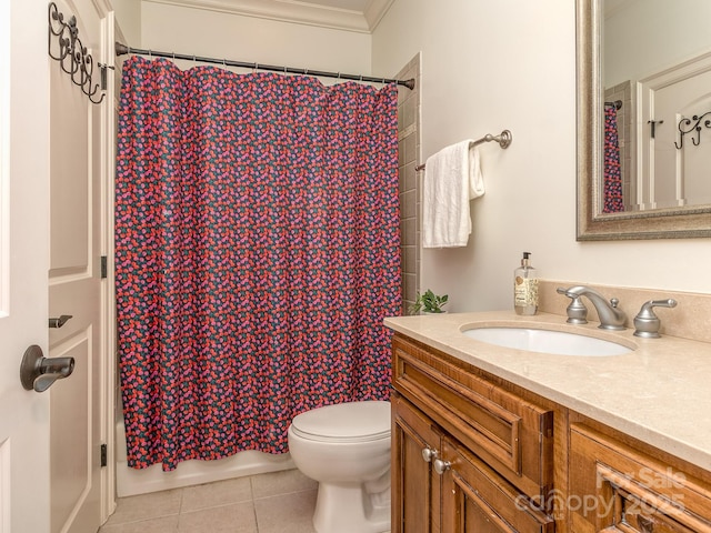 1404 Lookout Cir, Waxhaw, NC 28173 - bathroom with vanity, crown molding, toilet, tile patterned flooring, and shower / bathtub combination with curtain