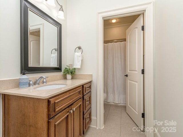 1404 Lookout Cir, Waxhaw, NC 28173 - bathroom featuring vanity, toilet, tile patterned floors, and curtained shower