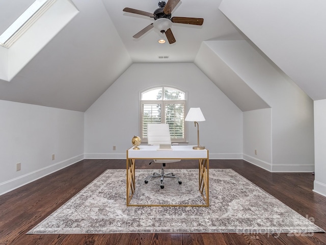 1404 Lookout Cir, Waxhaw, NC 28173 - home office featuring baseboards, lofted ceiling, a ceiling fan, wood finished floors, and a skylight