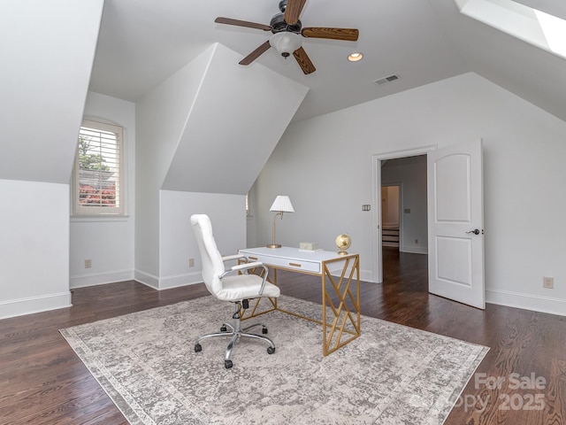 1404 Lookout Cir, Waxhaw, NC 28173 - home office featuring vaulted ceiling, ceiling fan, dark wood-style flooring, baseboards, and a skylight
