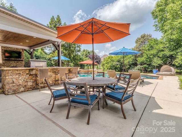 1404 Lookout Cir, Waxhaw, NC 28173 - view of patio featuring area for grilling, an outdoor bar, an outdoor pool, a gazebo, and outdoor dining area