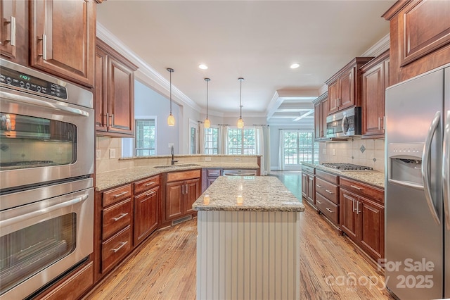 4113 Hoffmeister Dr, Waxhaw, NC 28173 - kitchen with appliances with stainless steel finishes, light wood-style flooring, a sink, plenty of natural light, and ornamental molding