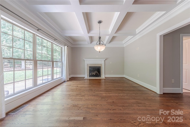 4113 Hoffmeister Dr, Waxhaw, NC 28173 - unfurnished living room with coffered ceiling, baseboards, beam ceiling, dark wood finished floors, and a premium fireplace