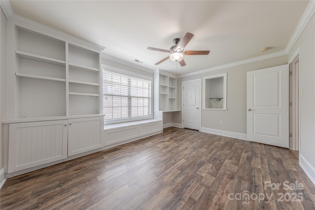 4113 Hoffmeister Dr, Waxhaw, NC 28173 - unfurnished bedroom featuring crown molding, dark wood-type flooring, baseboards, and ceiling fan