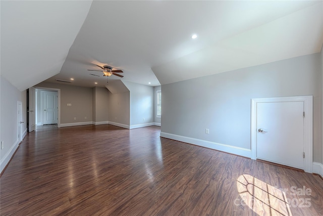 4113 Hoffmeister Dr, Waxhaw, NC 28173 - additional living space with a ceiling fan, baseboards, dark wood-style floors, recessed lighting, and vaulted ceiling