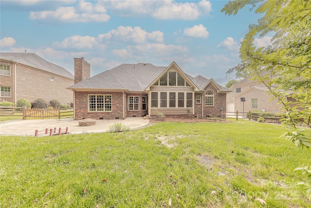 4113 Hoffmeister Dr, Waxhaw, NC 28173 - back of house featuring a patio area, brick siding, crawl space, a fire pit, and a chimney