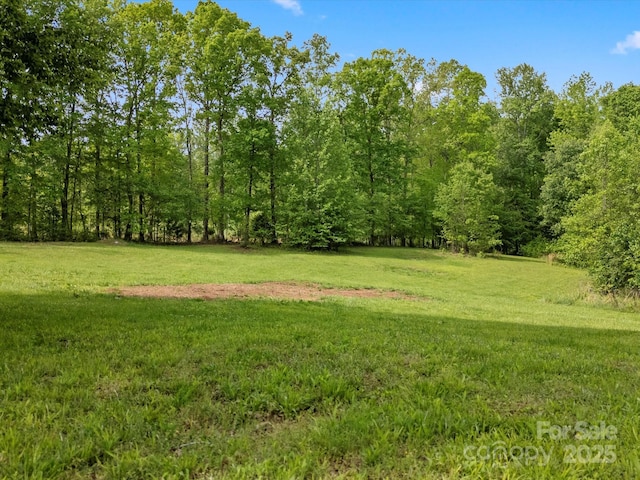 view of grassy yard featuring a forest view
