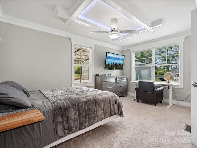 bedroom featuring ornamental molding, light carpet, coffered ceiling, baseboards, and a ceiling fan