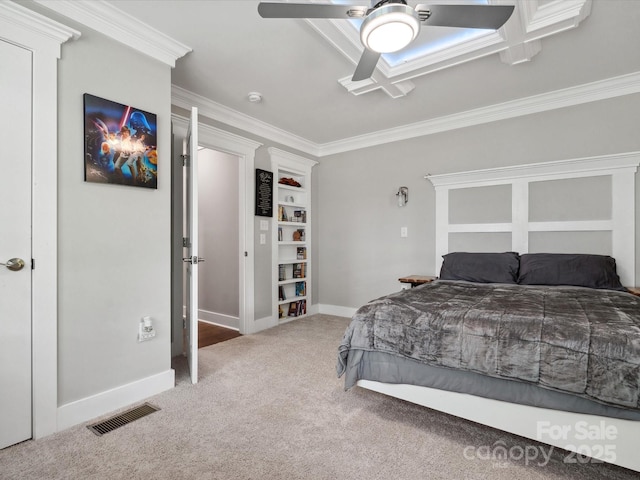 bedroom with carpet, ornamental molding, baseboards, and a ceiling fan