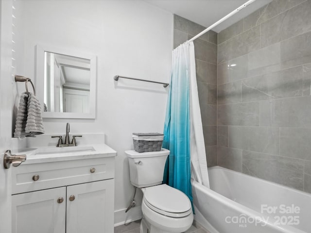 full bath with toilet, shower / bath combo, vanity, and baseboards