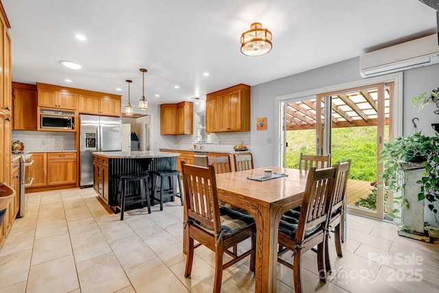 6334 Jacks Creek Rd, Burnsville, NC 28714 - dining space with an AC wall unit, recessed lighting, and light tile patterned floors