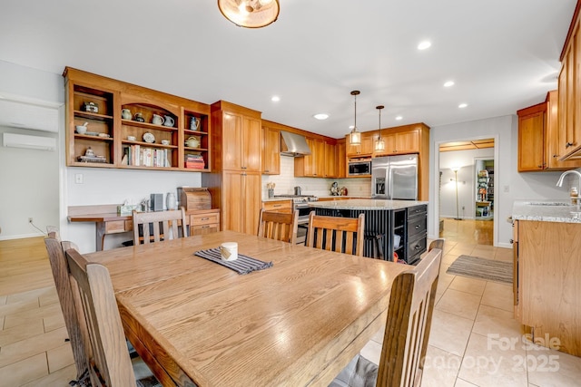 6334 Jacks Creek Rd, Burnsville, NC 28714 - dining space with recessed lighting, light tile patterned floors, a wall unit AC, and baseboards