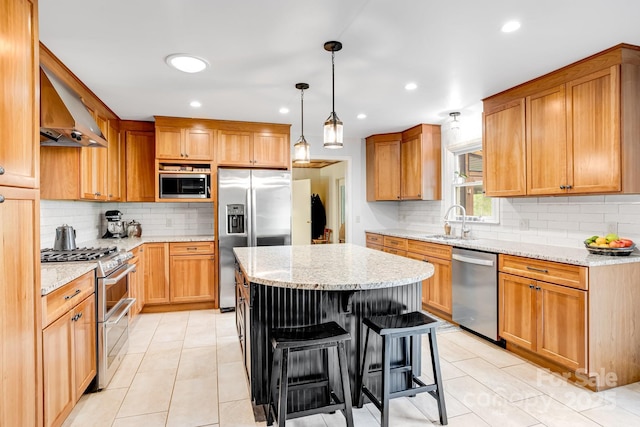 6334 Jacks Creek Rd, Burnsville, NC 28714 - kitchen featuring appliances with stainless steel finishes, a sink, wall chimney range hood, decorative backsplash, and a center island