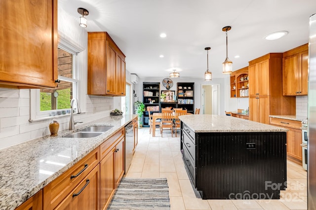 6334 Jacks Creek Rd, Burnsville, NC 28714 - kitchen featuring a sink, dishwasher, tasteful backsplash, a kitchen island, and brown cabinetry