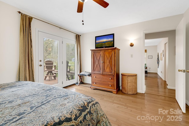 6334 Jacks Creek Rd, Burnsville, NC 28714 - bedroom with access to outside, light wood-style flooring, a ceiling fan, and baseboards