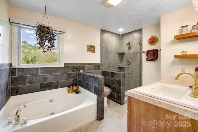 6334 Jacks Creek Rd, Burnsville, NC 28714 - bathroom with a garden tub, a shower stall, toilet, tile patterned floors, and a sink