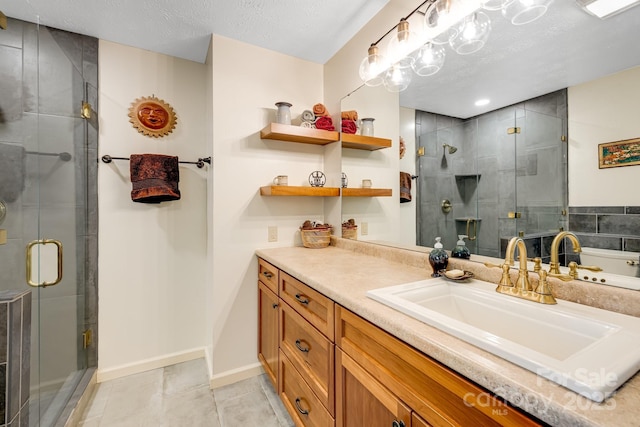 6334 Jacks Creek Rd, Burnsville, NC 28714 - full bathroom with vanity, a shower stall, baseboards, tile patterned flooring, and a textured ceiling