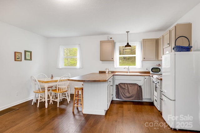 6334 Jacks Creek Rd, Burnsville, NC 28714 - kitchen with white appliances, dark wood finished floors, a peninsula, and a sink