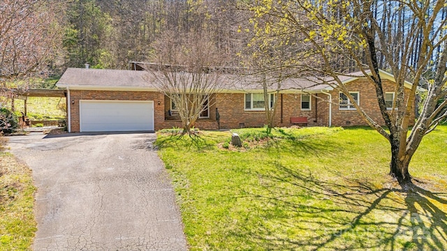 6334 Jacks Creek Rd, Burnsville, NC 28714 - view of front facade featuring driveway, a garage, brick siding, and a front lawn
