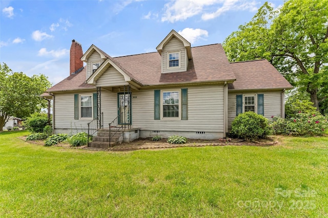 cape cod-style house with a front lawn, a shingled roof, crawl space, and a chimney