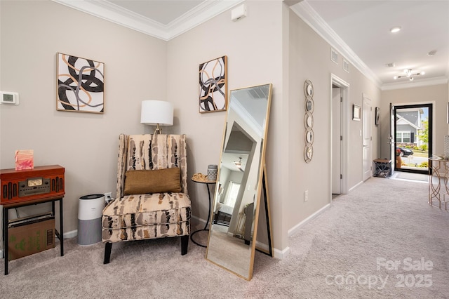 9034 Evercrisp Ln, Charlotte, NC 28215 - living area featuring carpet floors, crown molding, and baseboards