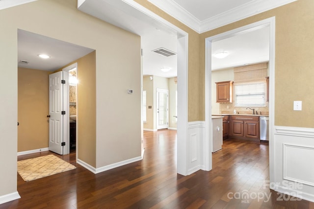 12824 Harvest Time Ct, Charlotte, NC 28278 - hall featuring dark wood-style flooring, ornamental molding, and a sink