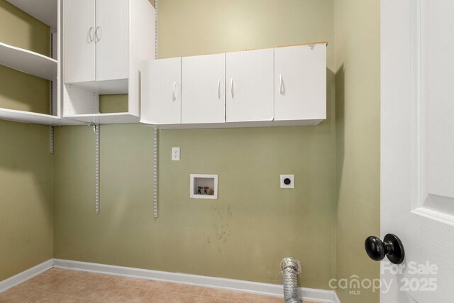 12824 Harvest Time Ct, Charlotte, NC 28278 - washroom with hookup for an electric dryer, washer hookup, cabinet space, baseboards, and light tile patterned floors