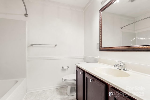 12824 Harvest Time Ct, Charlotte, NC 28278 - bathroom with toilet, vanity, ornamental molding, tile patterned floors, and bathtub / shower combination
