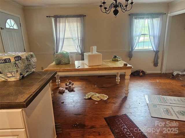 entryway featuring crown molding, hardwood / wood-style floors, and a chandelier