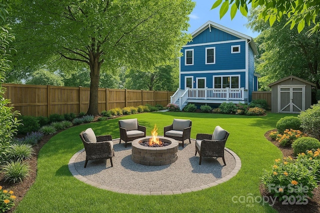 331 Solomon St, Charlotte, NC 28216 - rear view of property featuring an outdoor fire pit, board and batten siding, a patio, and a wooden deck