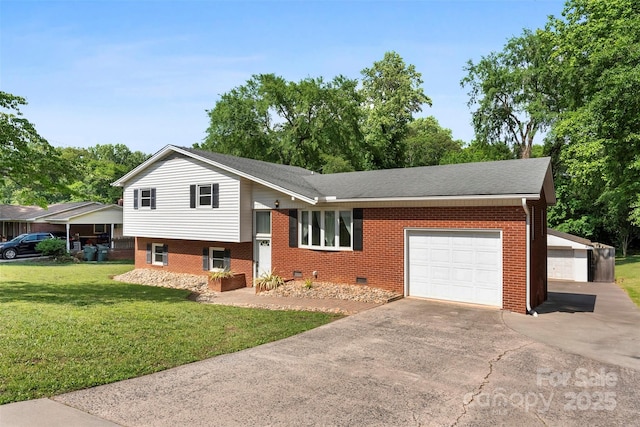 1822 N New Hope Rd, Gastonia, NC 28054 - tri-level home featuring a front yard, an attached garage, asphalt driveway, brick siding, and crawl space