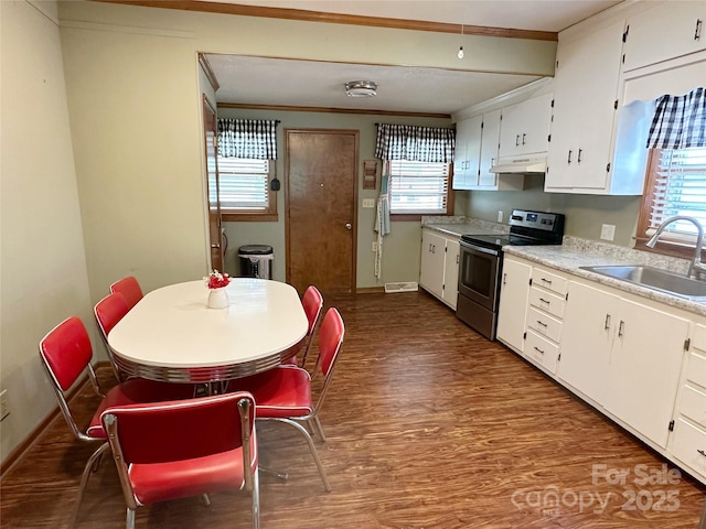 211 Spruce St, Badin, NC 28009 - kitchen with electric stove, a sink, under cabinet range hood, baseboards, and wood finished floors