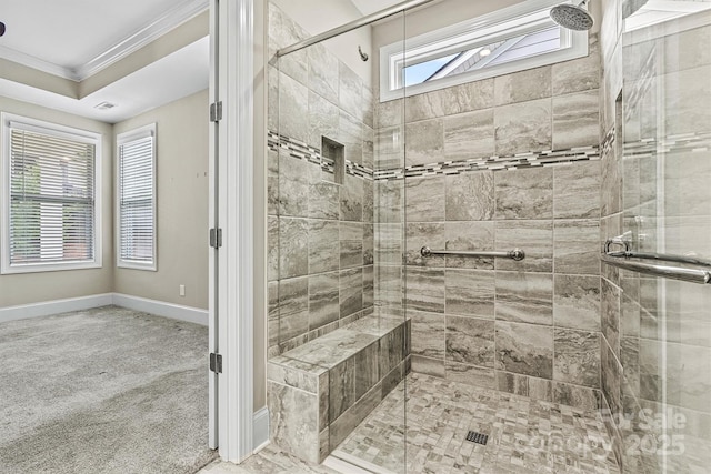 7362 Overjoyed Xing, Charlotte, NC 28215 - full bathroom featuring crown molding, a shower stall, and baseboards