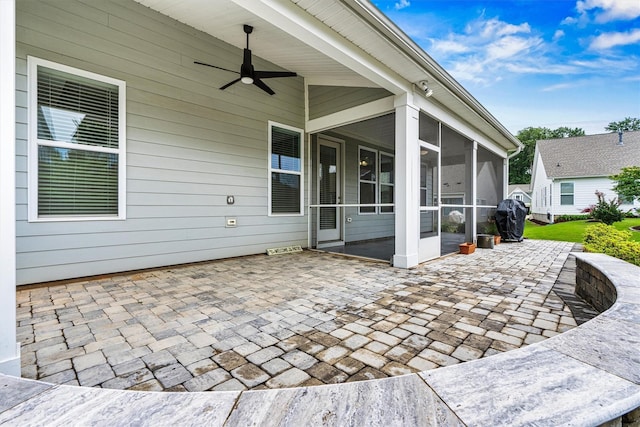 7362 Overjoyed Xing, Charlotte, NC 28215 - view of patio / terrace featuring a sunroom, a ceiling fan, and a grill