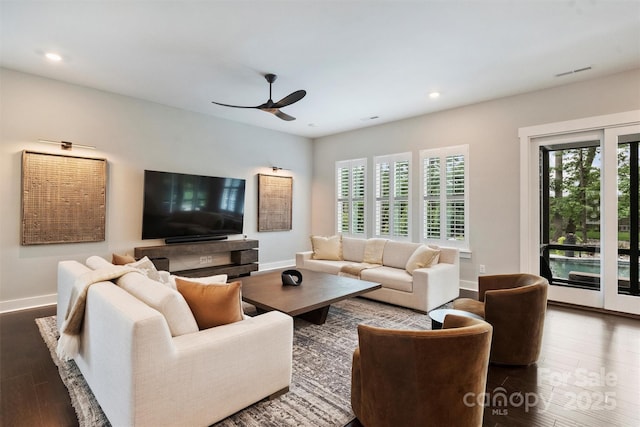 562 Preservation Dr, Fort Mill, SC 29715 - living room featuring dark wood-style floors, ceiling fan, baseboards, and recessed lighting