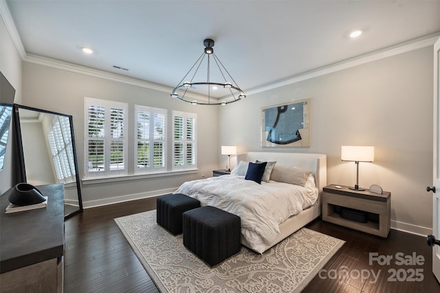562 Preservation Dr, Fort Mill, SC 29715 - bedroom with a chandelier, crown molding, baseboards, recessed lighting, and wood finished floors