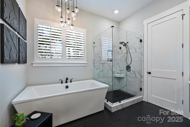 562 Preservation Dr, Fort Mill, SC 29715 - full bath with tile patterned flooring, a stall shower, a freestanding tub, and recessed lighting